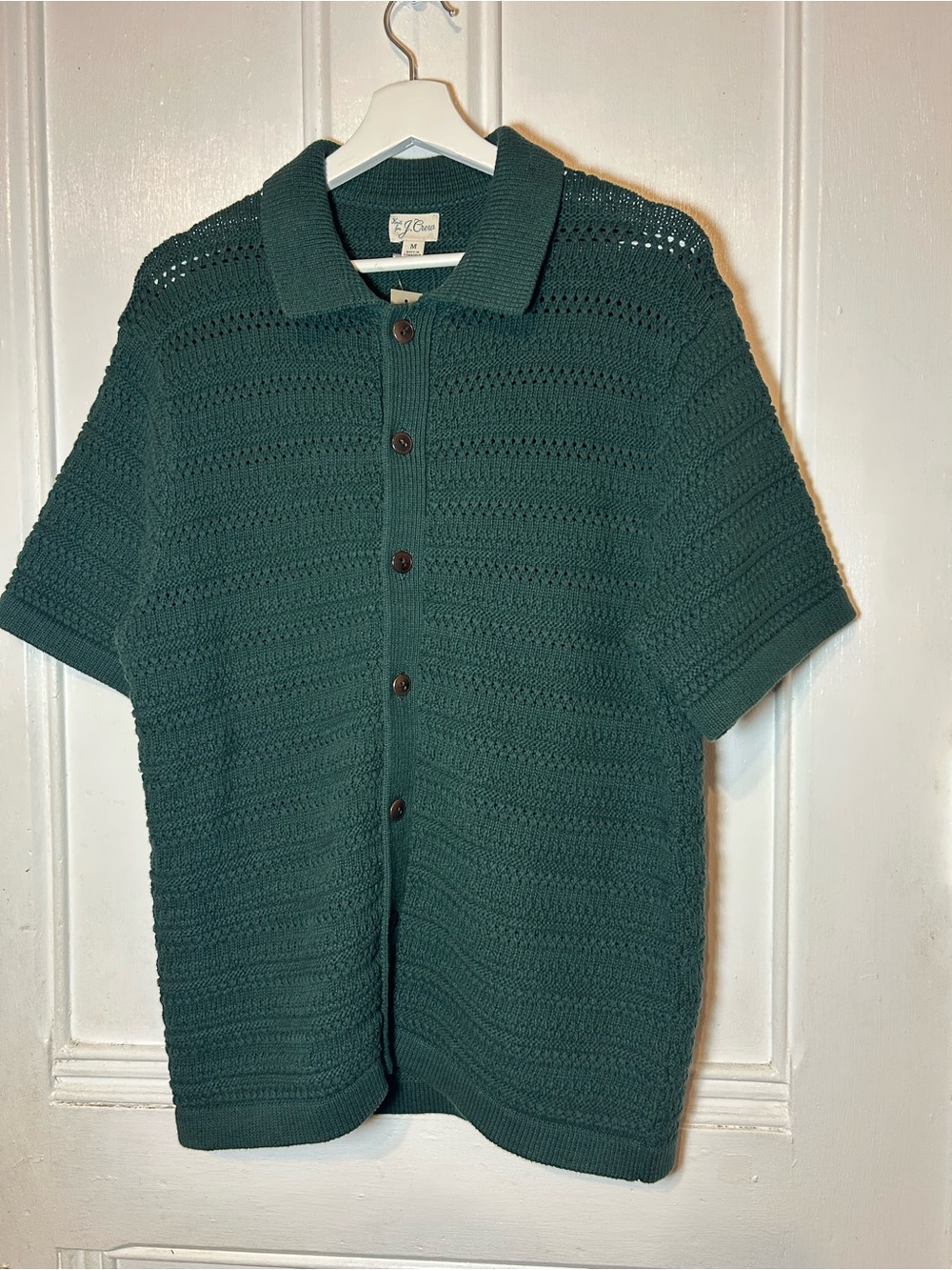 J. Crew Green Cotton Open Stitch Short Sleeve Polo Cardigan Sweater